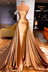 Light Brown Strapless Sheath Crystal Ruffles Prom Dress